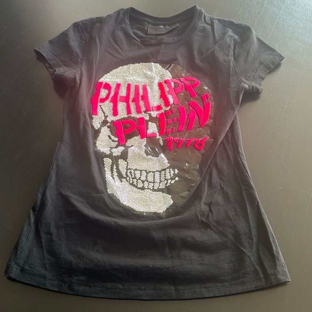 Philipp Plein black hot pink skull t shirt